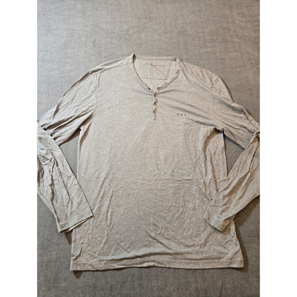 John Varvatos USA Mens L Gray Henley Shirt Long Sleeve Stars *Flaw*